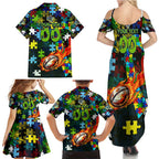 Raiders Autism Awareness Family Matching Summer Maxi Dress and Hawaiian Shirt Puzzle Flames Rugby Ball