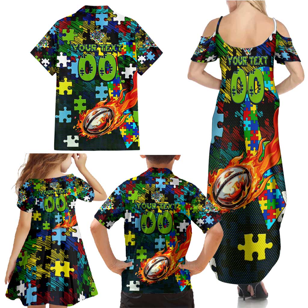 Raiders Autism Awareness Family Matching Summer Maxi Dress and Hawaiian Shirt Puzzle Flames Rugby Ball
