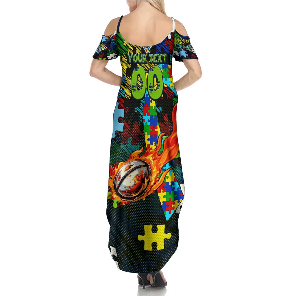Raiders Autism Awareness Family Matching Summer Maxi Dress and Hawaiian Shirt Puzzle Flames Rugby Ball