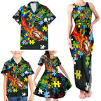 Raiders Autism Awareness Family Matching Tank Maxi Dress and Hawaiian Shirt Puzzle Flames Rugby Ball
