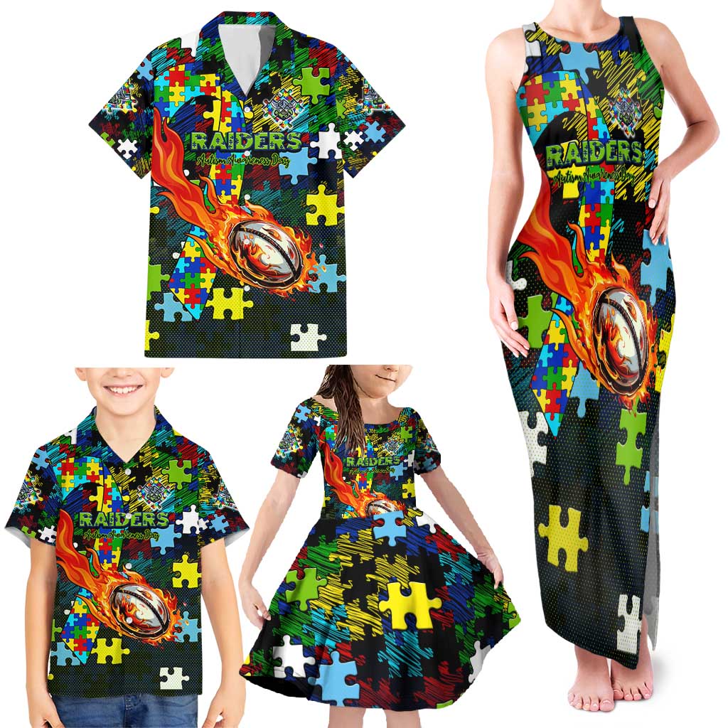 Raiders Autism Awareness Family Matching Tank Maxi Dress and Hawaiian Shirt Puzzle Flames Rugby Ball
