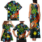 Raiders Autism Awareness Family Matching Tank Maxi Dress and Hawaiian Shirt Puzzle Flames Rugby Ball