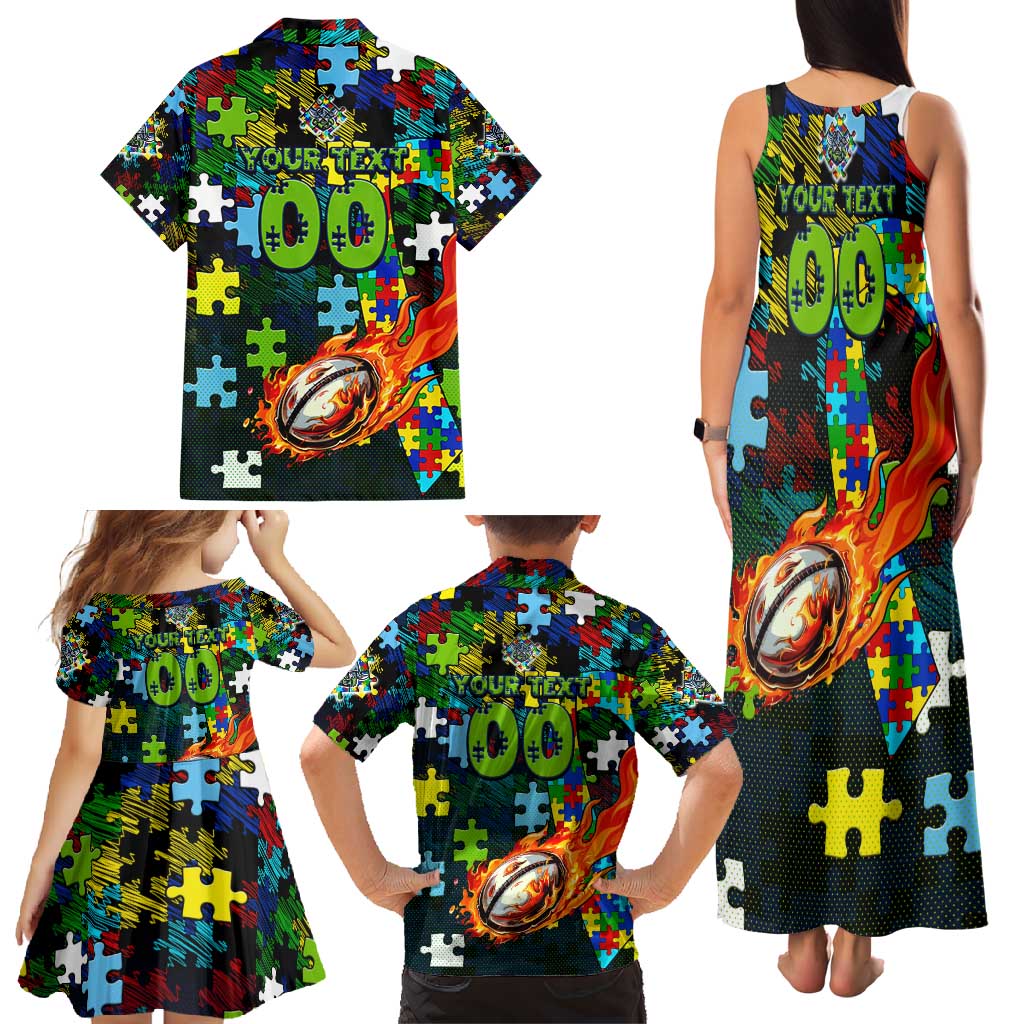 Raiders Autism Awareness Family Matching Tank Maxi Dress and Hawaiian Shirt Puzzle Flames Rugby Ball