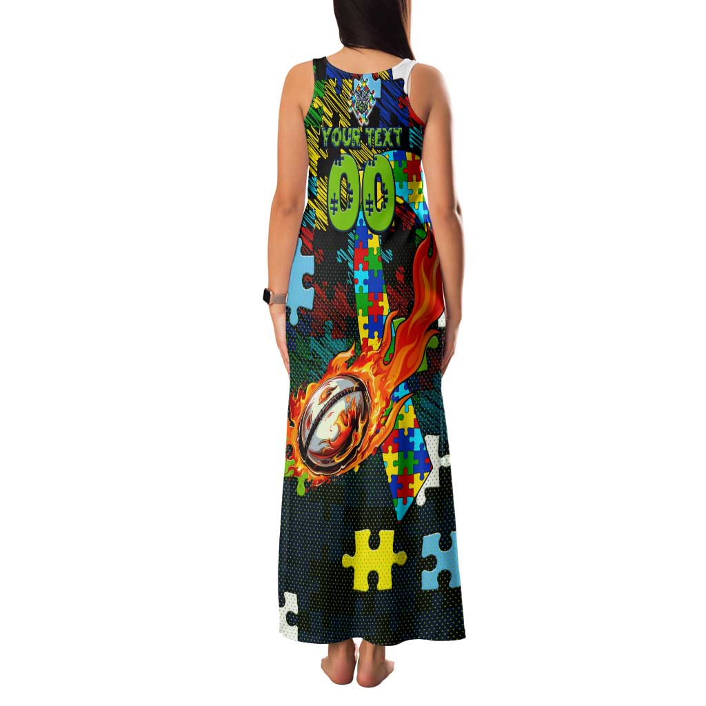 Raiders Autism Awareness Family Matching Tank Maxi Dress and Hawaiian Shirt Puzzle Flames Rugby Ball