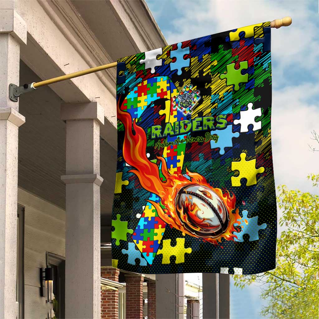 Raiders Autism Awareness Garden Flag Puzzle Flames Rugby Ball