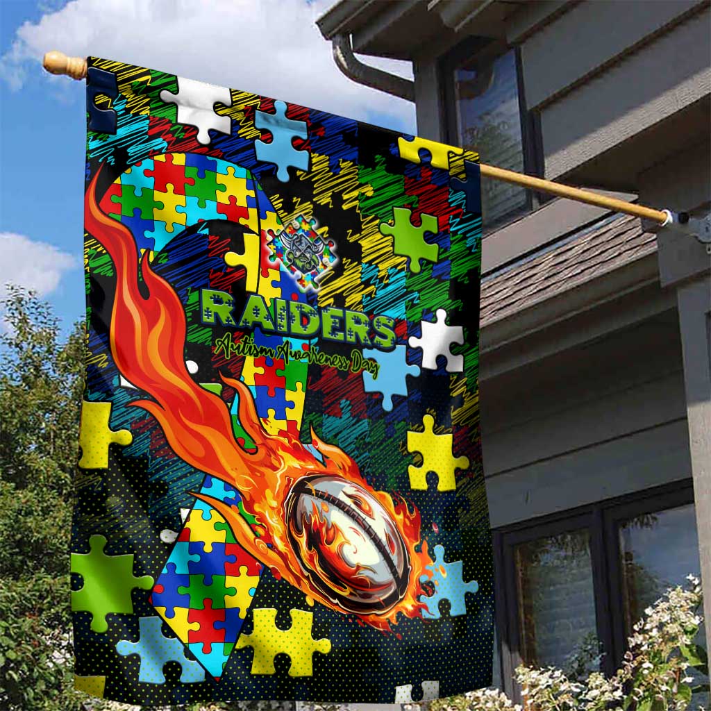 Raiders Autism Awareness Garden Flag Puzzle Flames Rugby Ball