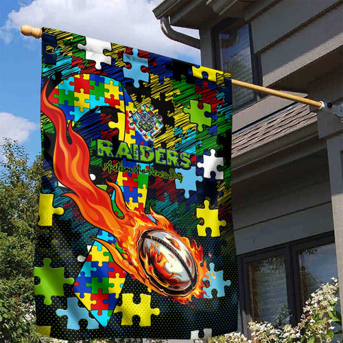 Raiders Autism Awareness Garden Flag Puzzle Flames Rugby Ball