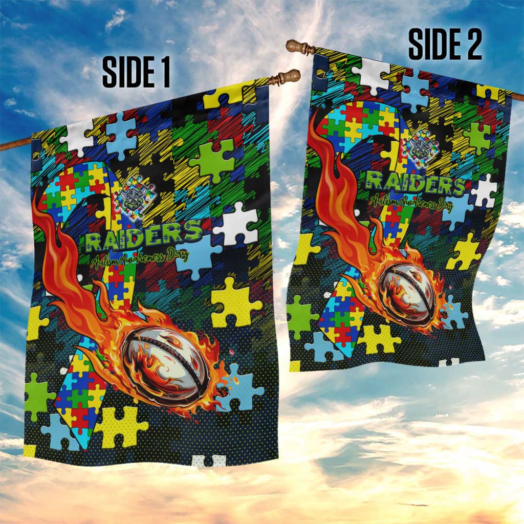 Raiders Autism Awareness Garden Flag Puzzle Flames Rugby Ball
