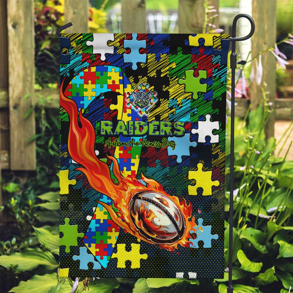 Raiders Autism Awareness Garden Flag Puzzle Flames Rugby Ball