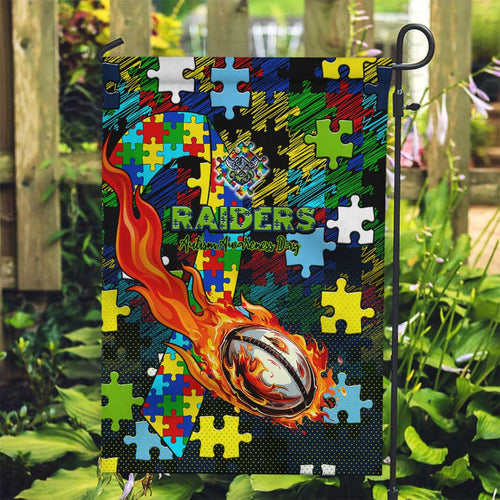 Raiders Autism Awareness Garden Flag Puzzle Flames Rugby Ball