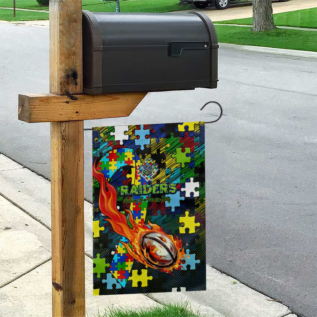 Raiders Autism Awareness Garden Flag Puzzle Flames Rugby Ball