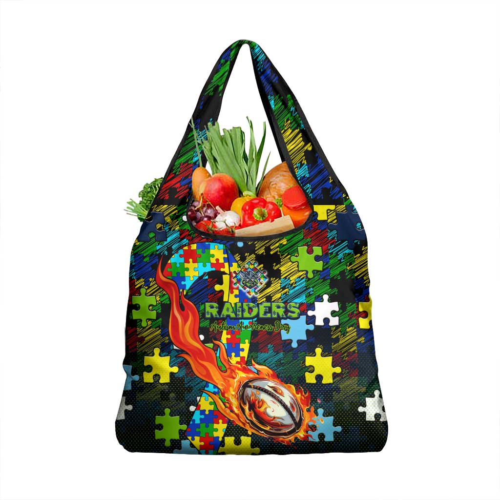Raiders Autism Awareness Grocery Bag Puzzle Flames Rugby Ball