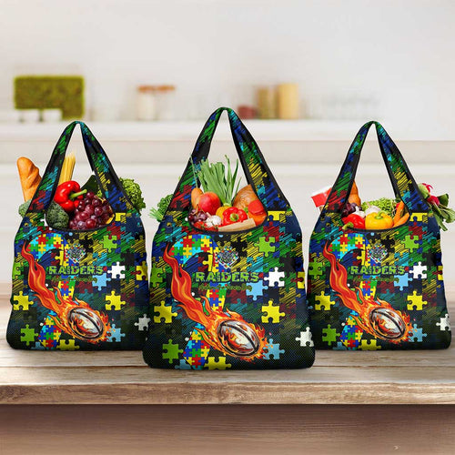 Raiders Autism Awareness Grocery Bag Puzzle Flames Rugby Ball