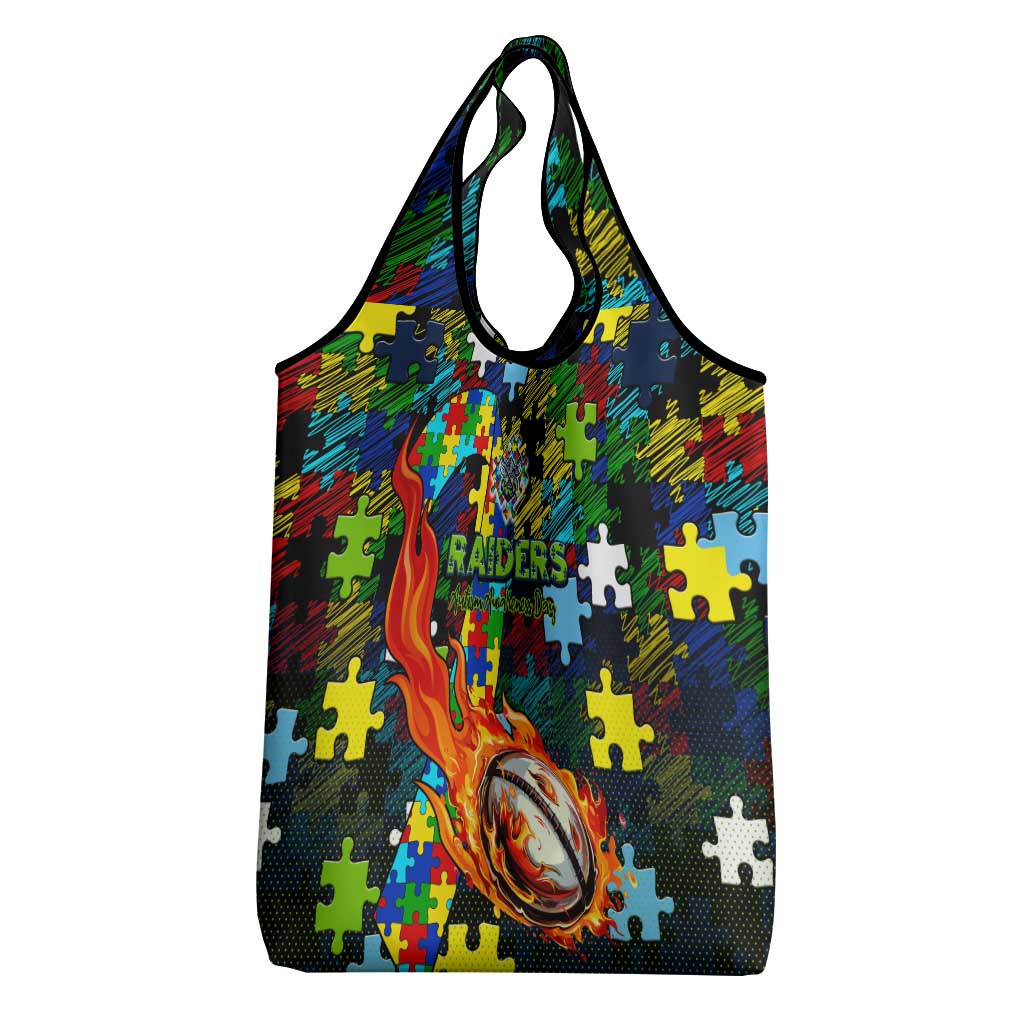 Raiders Autism Awareness Grocery Bag Puzzle Flames Rugby Ball