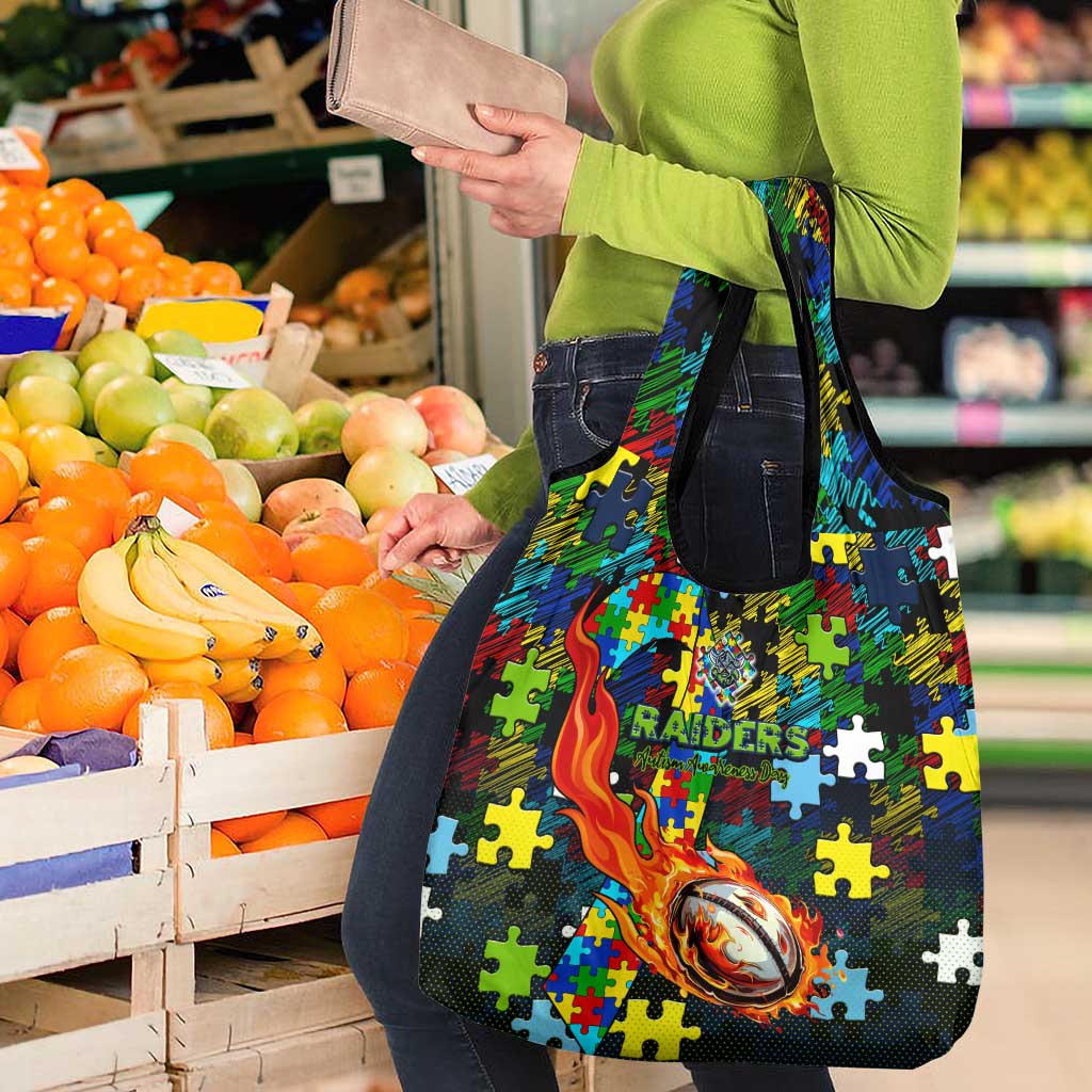 Raiders Autism Awareness Grocery Bag Puzzle Flames Rugby Ball