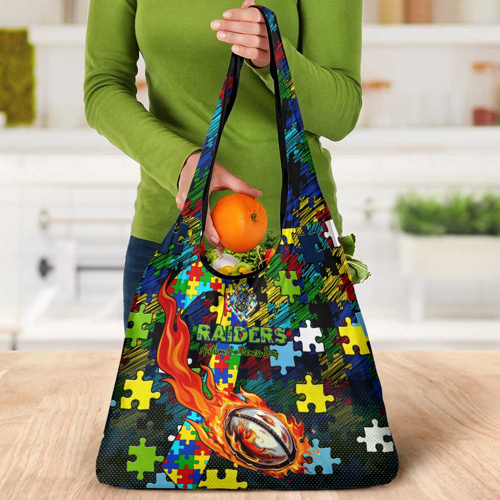 Raiders Autism Awareness Grocery Bag Puzzle Flames Rugby Ball