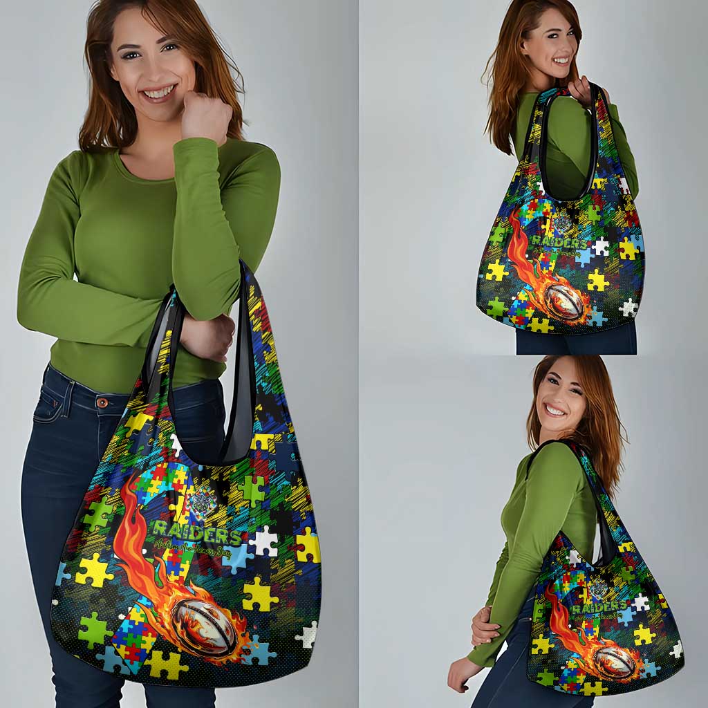 Raiders Autism Awareness Grocery Bag Puzzle Flames Rugby Ball