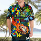 Raiders Autism Awareness Hawaiian Shirt Puzzle Flames Rugby Ball