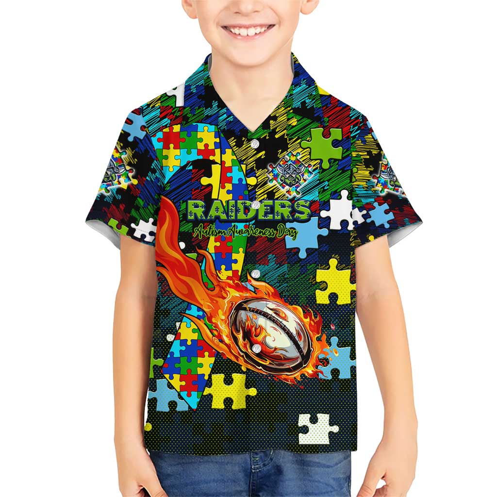 Raiders Autism Awareness Hawaiian Shirt Puzzle Flames Rugby Ball