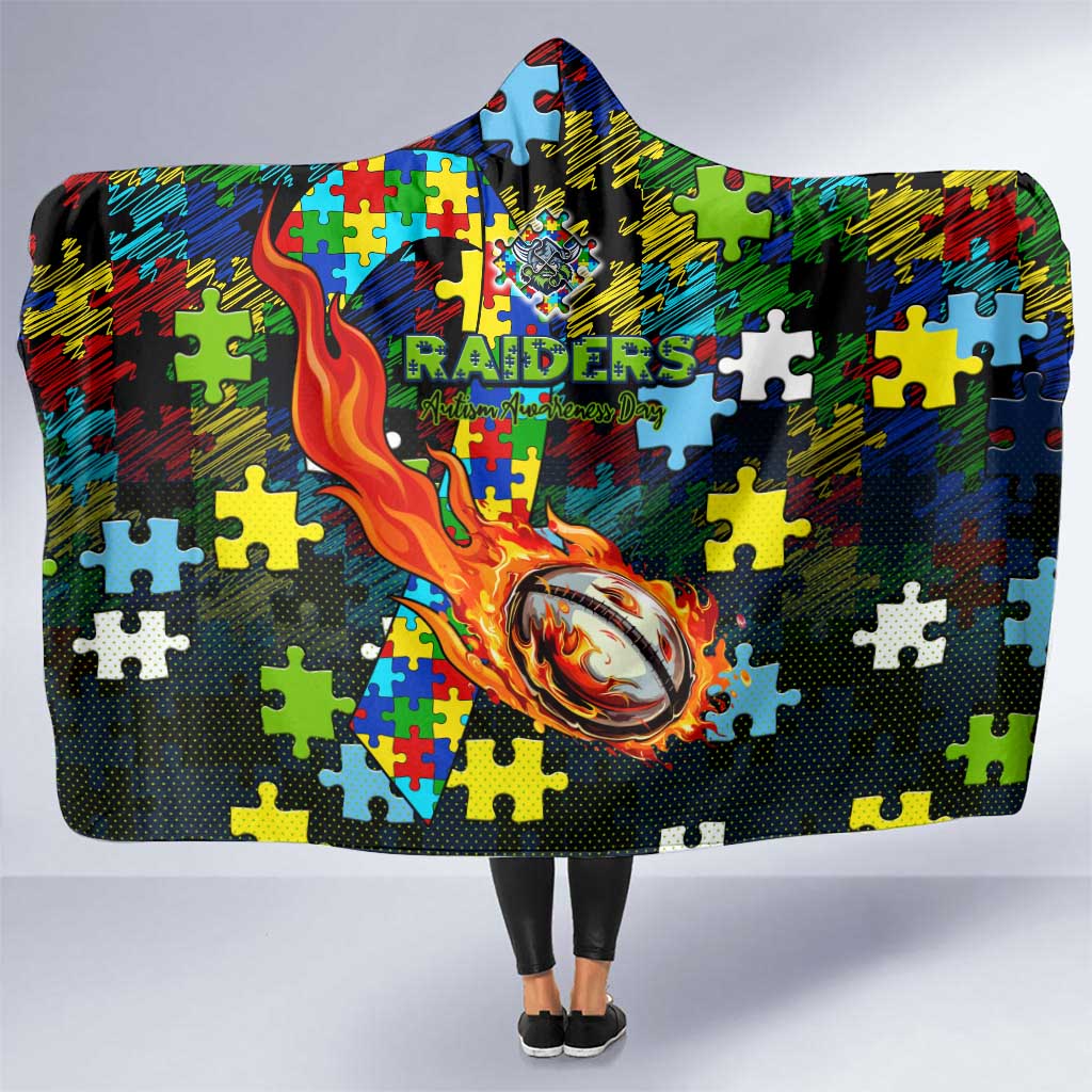 Raiders Autism Awareness Hooded Blanket Puzzle Flames Rugby Ball