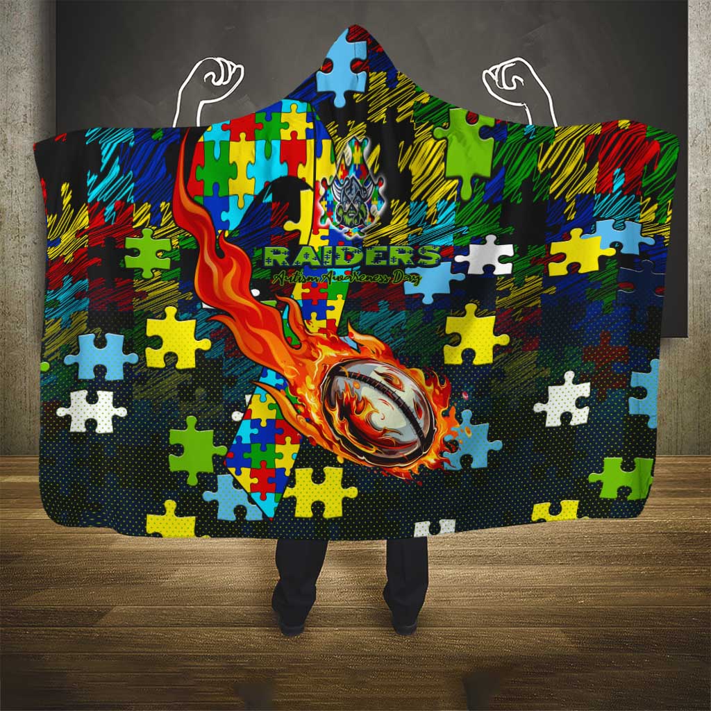 Raiders Autism Awareness Hooded Blanket Puzzle Flames Rugby Ball