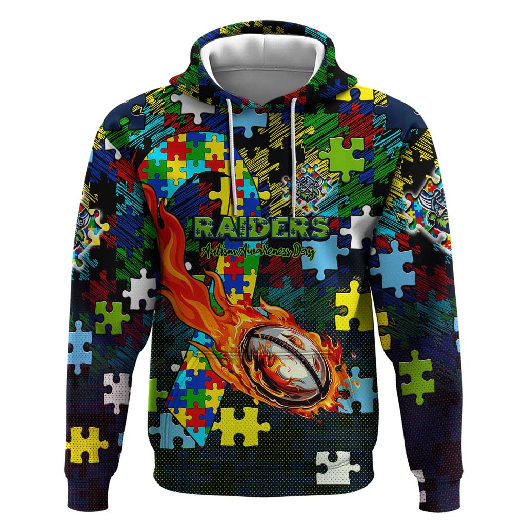 Raiders Autism Awareness Hoodie Puzzle Flames Rugby Ball