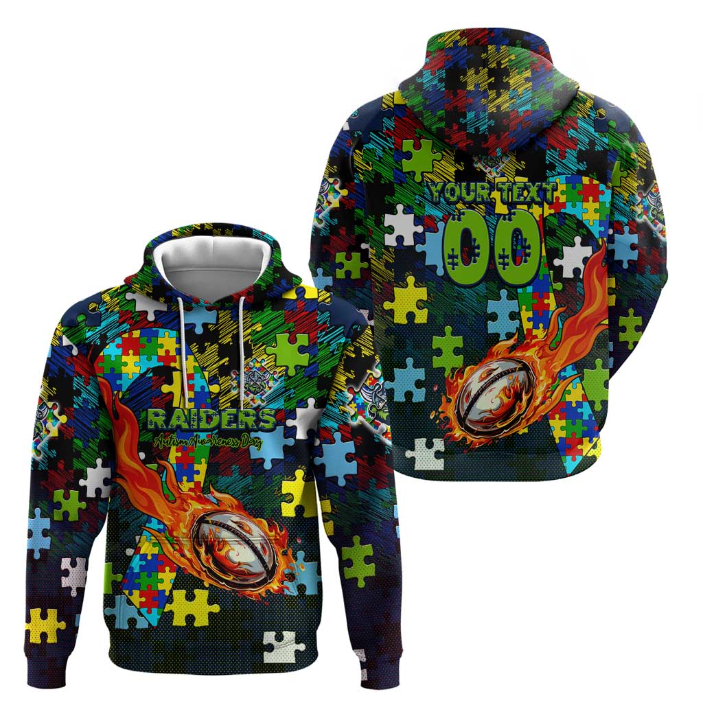Raiders Autism Awareness Hoodie Puzzle Flames Rugby Ball