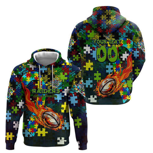 Raiders Autism Awareness Hoodie Puzzle Flames Rugby Ball