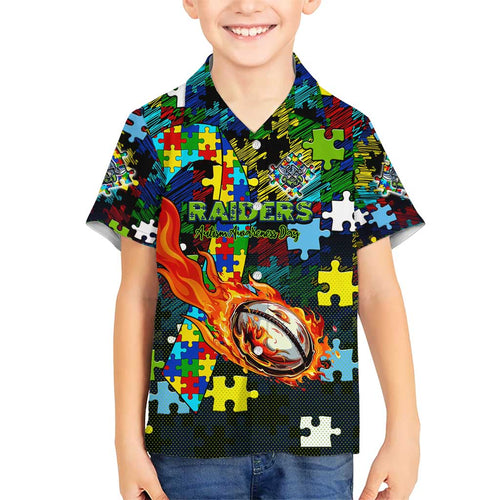 Raiders Autism Awareness Kid Hawaiian Shirt Puzzle Flames Rugby Ball