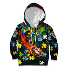 Raiders Autism Awareness Kid Hoodie Puzzle Flames Rugby Ball