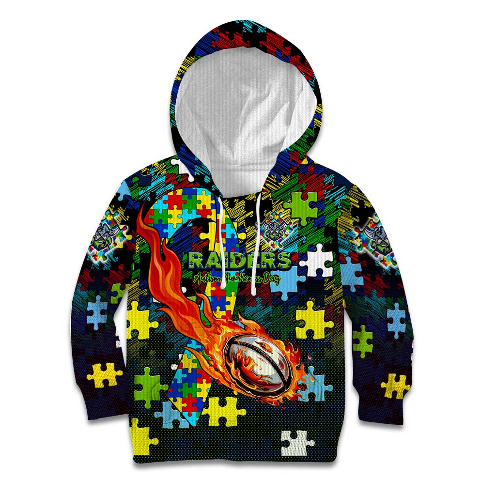 Raiders Autism Awareness Kid Hoodie Puzzle Flames Rugby Ball