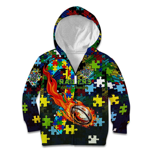Raiders Autism Awareness Kid Hoodie Puzzle Flames Rugby Ball