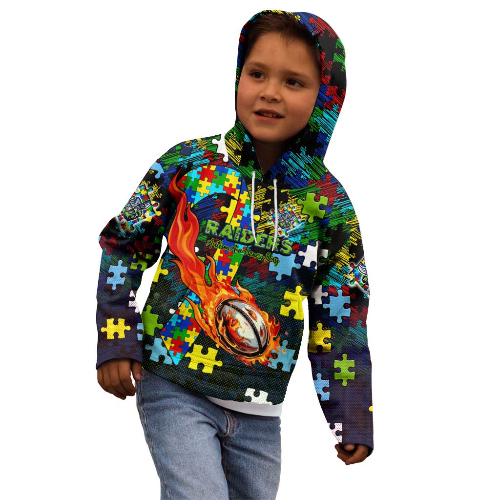 Raiders Autism Awareness Kid Hoodie Puzzle Flames Rugby Ball