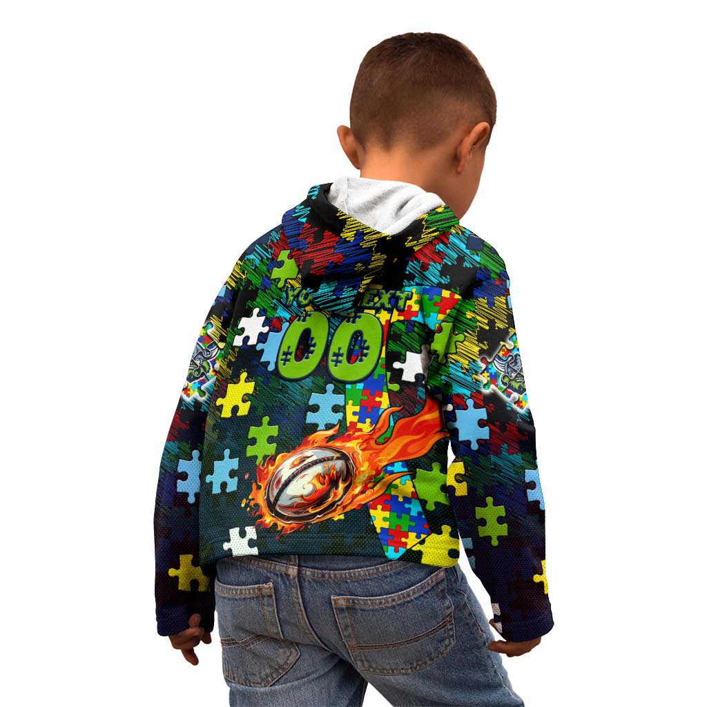 Raiders Autism Awareness Kid Hoodie Puzzle Flames Rugby Ball