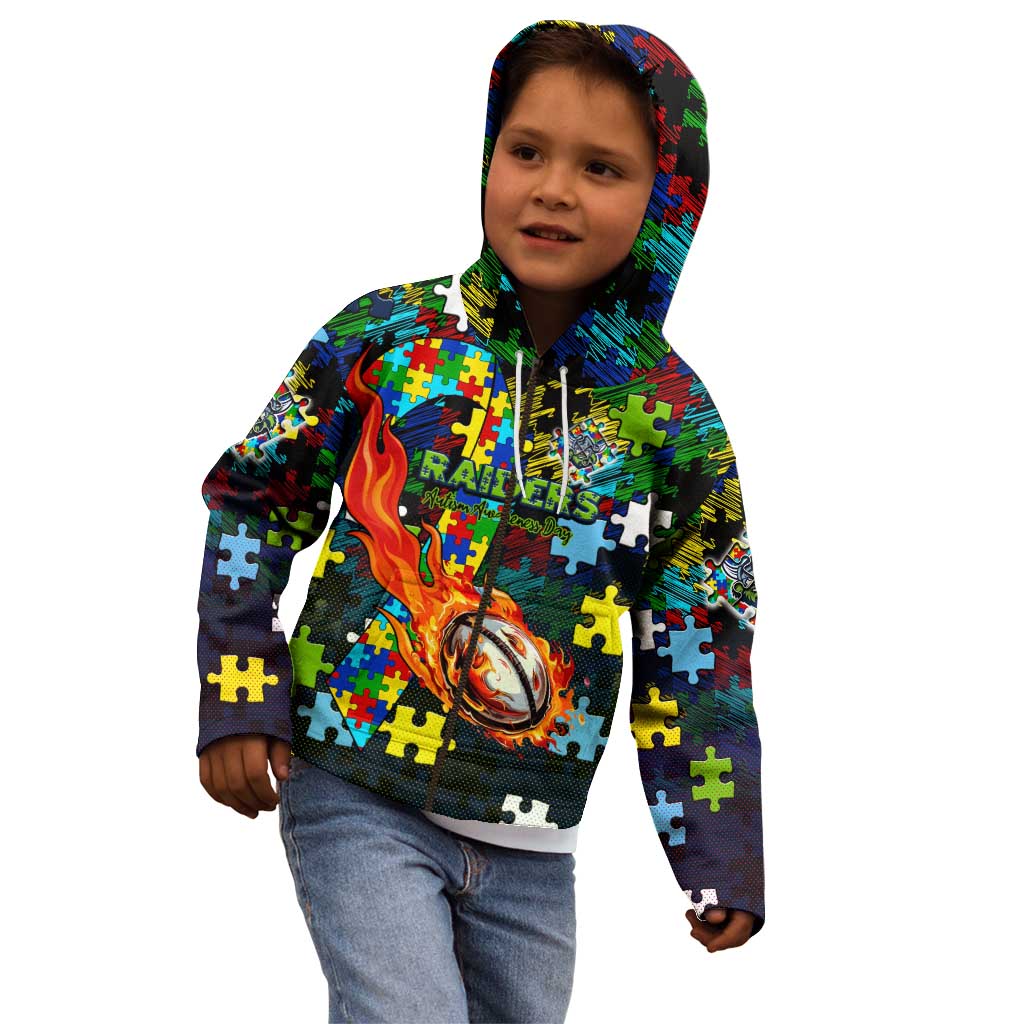 Raiders Autism Awareness Kid Hoodie Puzzle Flames Rugby Ball