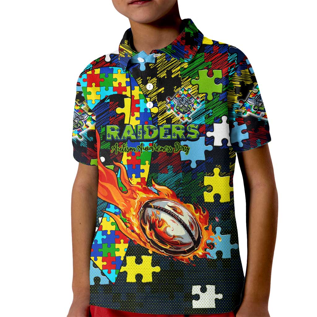 Raiders Autism Awareness Kid Polo Shirt Puzzle Flames Rugby Ball