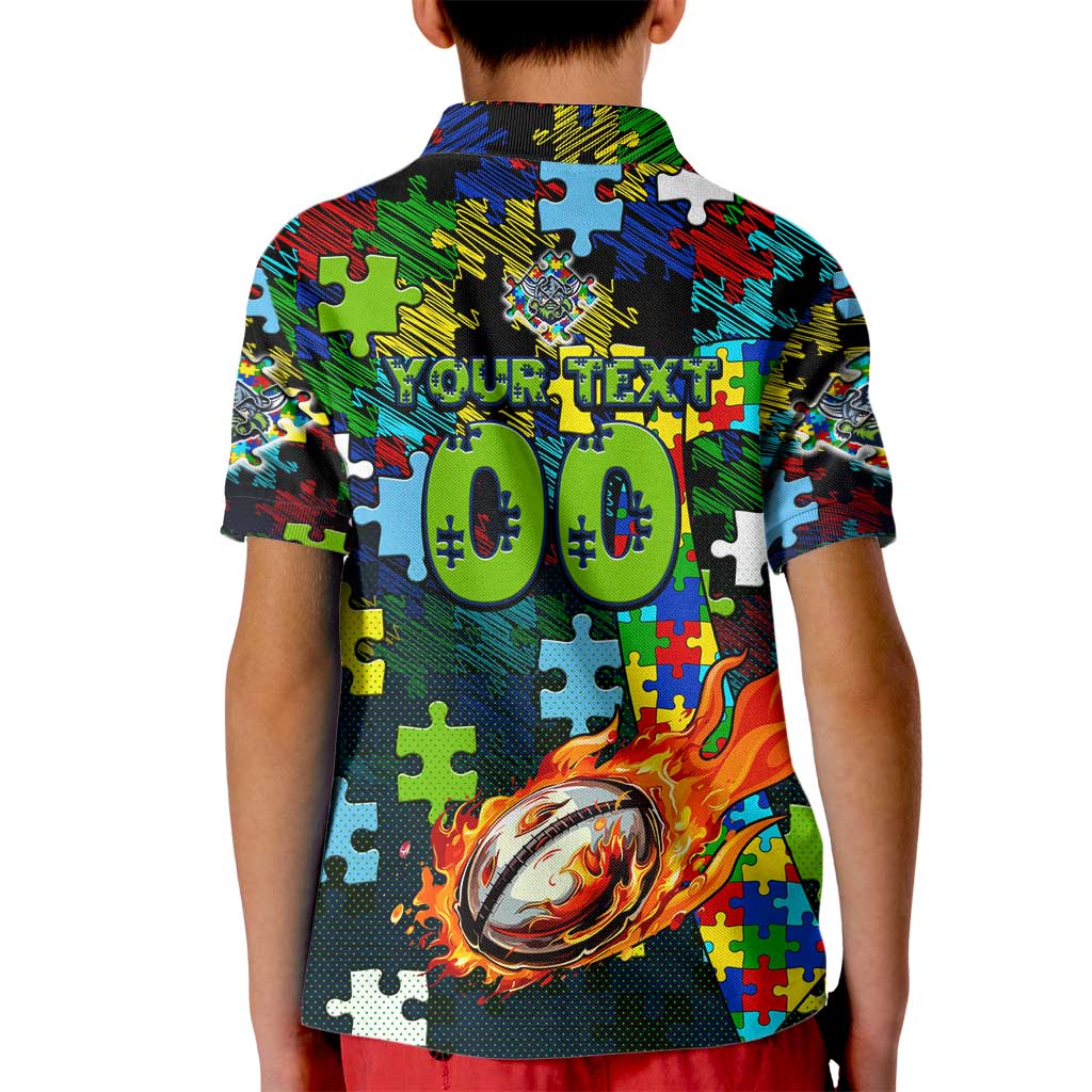 Raiders Autism Awareness Kid Polo Shirt Puzzle Flames Rugby Ball