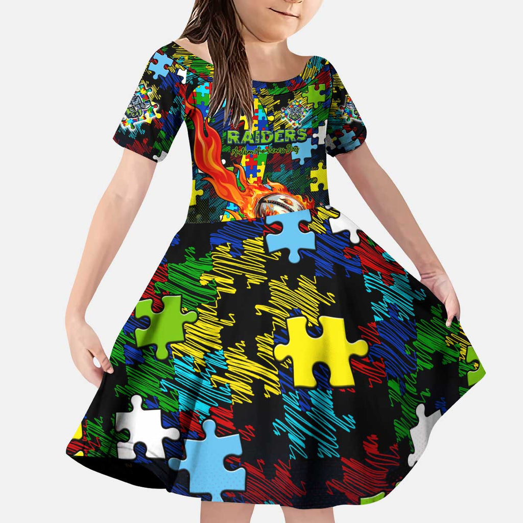 Raiders Autism Awareness Kid Short Sleeve Dress Puzzle Flames Rugby Ball