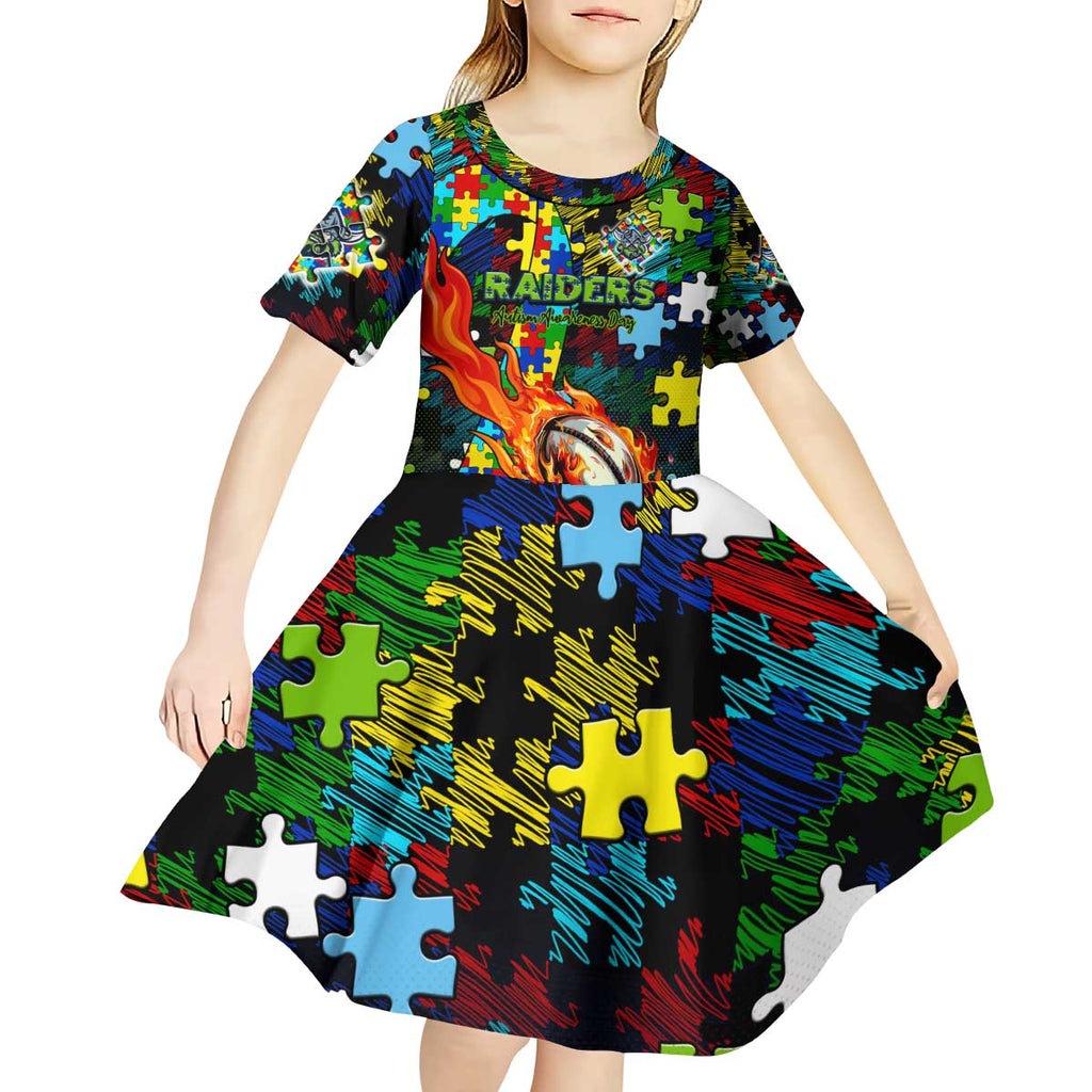 Raiders Autism Awareness Kid Short Sleeve Dress Puzzle Flames Rugby Ball