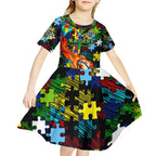 Raiders Autism Awareness Kid Short Sleeve Dress Puzzle Flames Rugby Ball