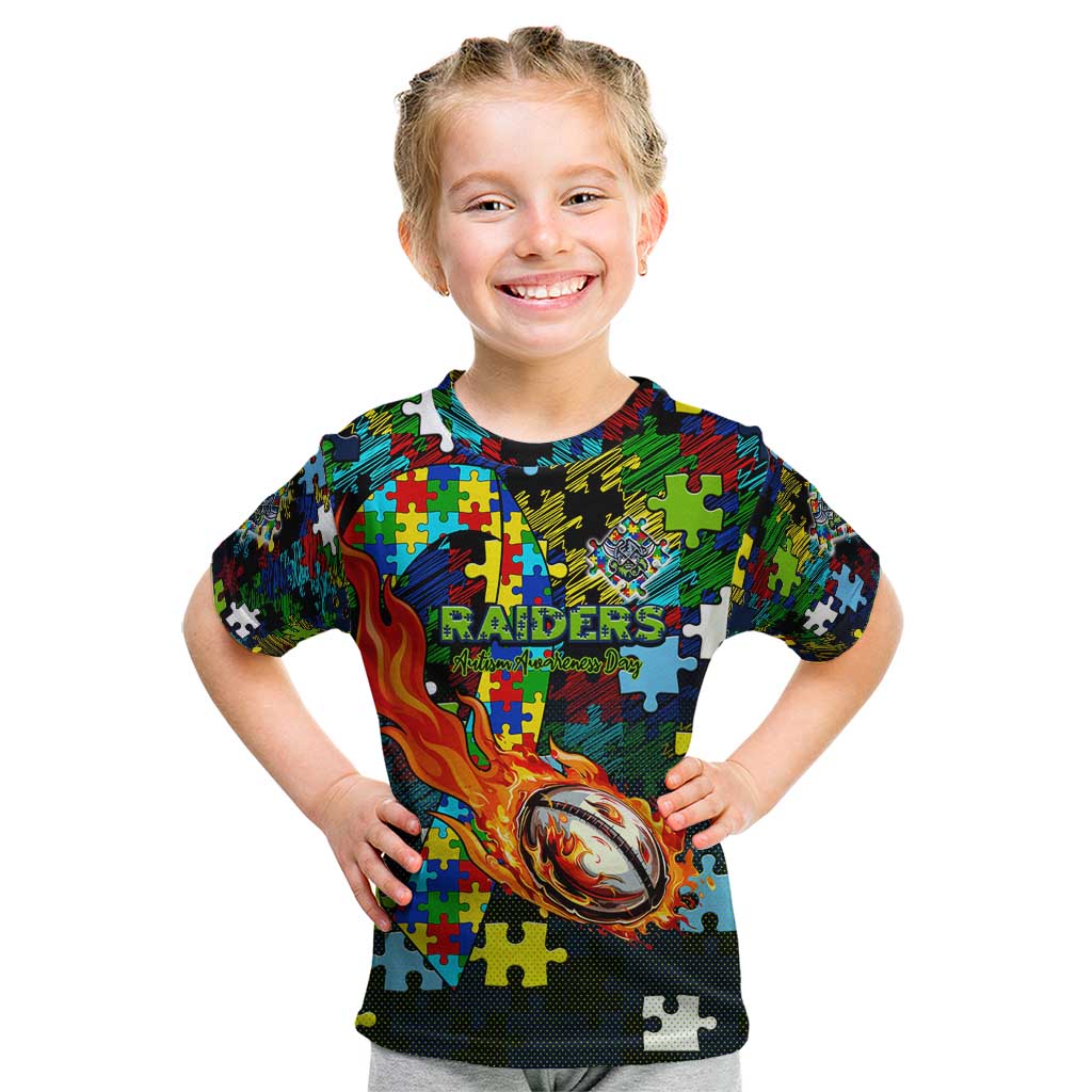 Raiders Autism Awareness Kid T Shirt Puzzle Flames Rugby Ball