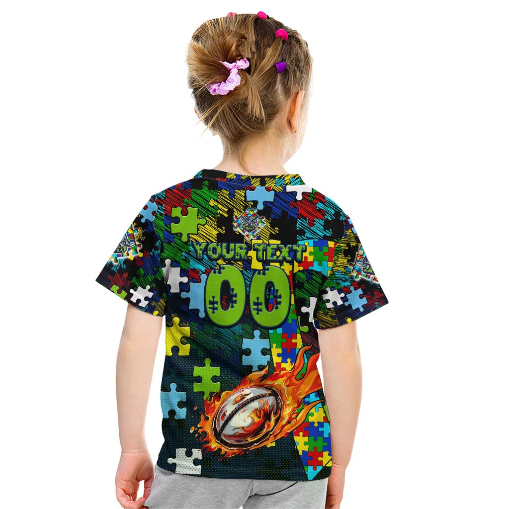 Raiders Autism Awareness Kid T Shirt Puzzle Flames Rugby Ball