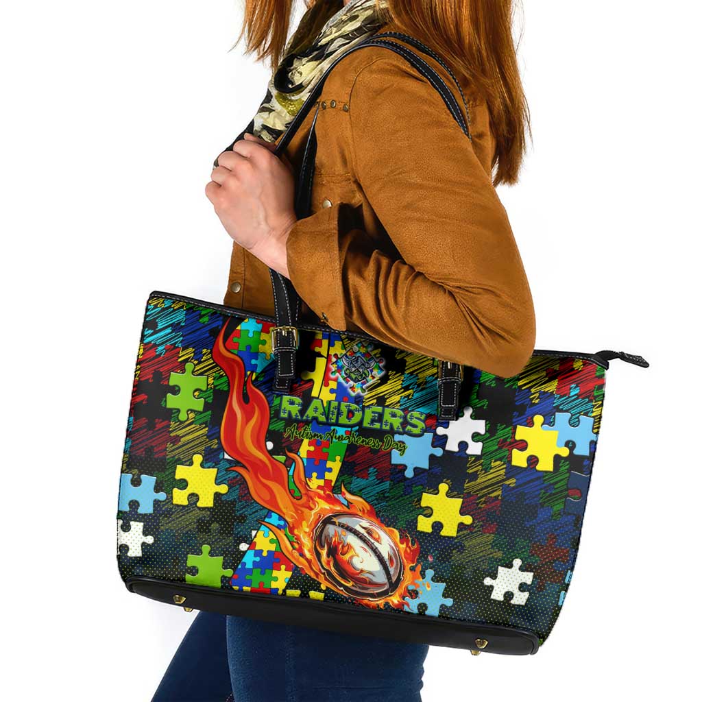 Raiders Autism Awareness Leather Tote Bag Puzzle Flames Rugby Ball