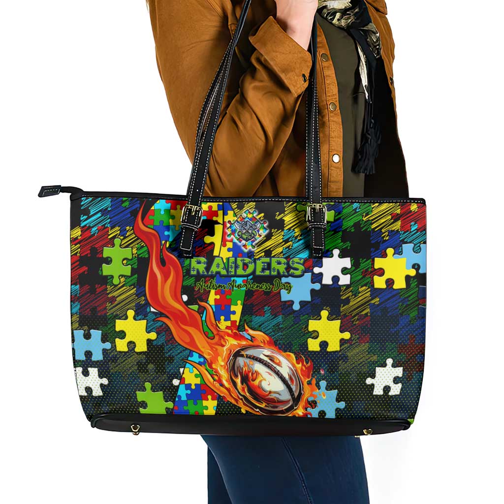 Raiders Autism Awareness Leather Tote Bag Puzzle Flames Rugby Ball