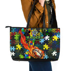 Raiders Autism Awareness Leather Tote Bag Puzzle Flames Rugby Ball