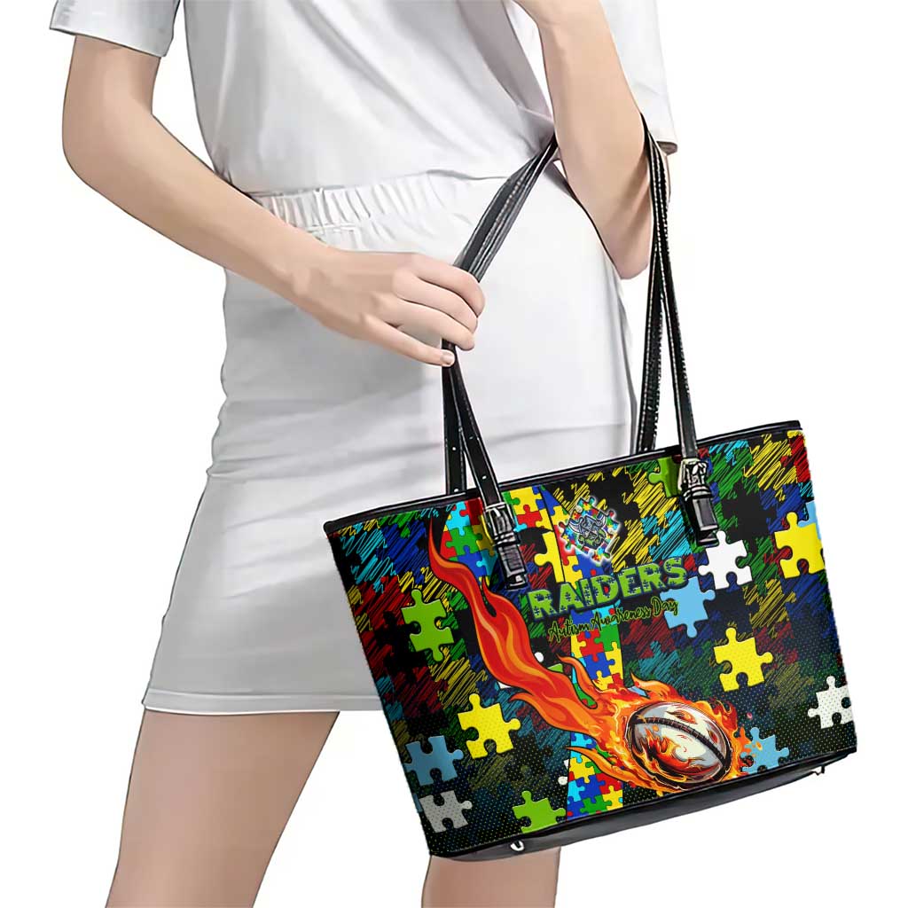 Raiders Autism Awareness Leather Tote Bag Puzzle Flames Rugby Ball