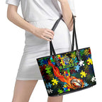 Raiders Autism Awareness Leather Tote Bag Puzzle Flames Rugby Ball