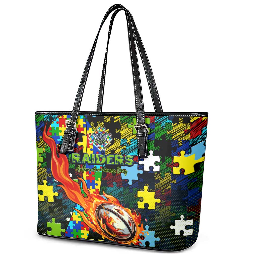 Raiders Autism Awareness Leather Tote Bag Puzzle Flames Rugby Ball