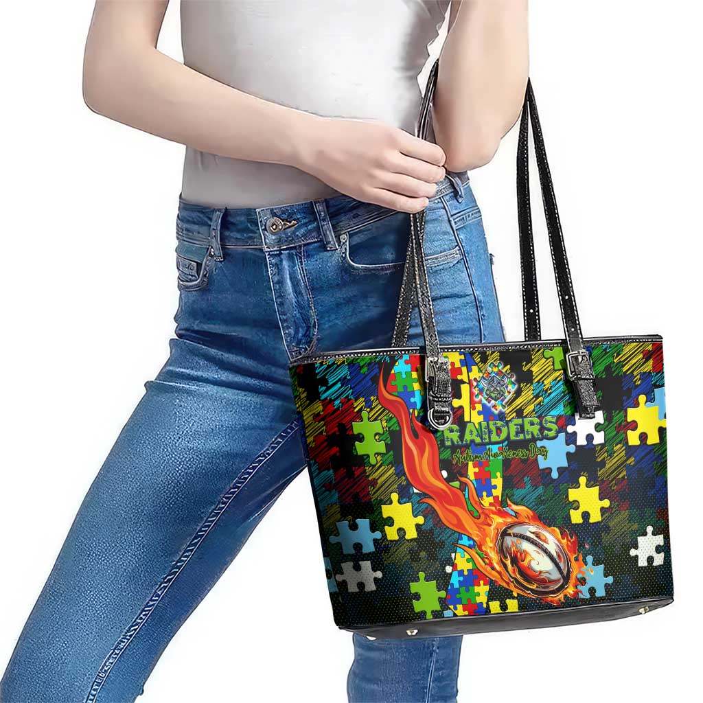 Raiders Autism Awareness Leather Tote Bag Puzzle Flames Rugby Ball