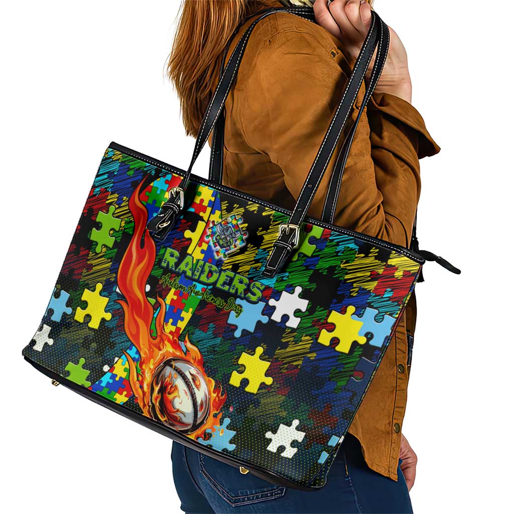 Raiders Autism Awareness Leather Tote Bag Puzzle Flames Rugby Ball